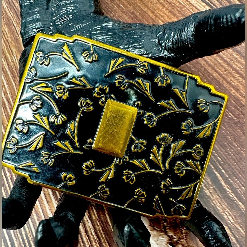 Vintage Brass Mirrored Makeup Compact Black and Flowered​​